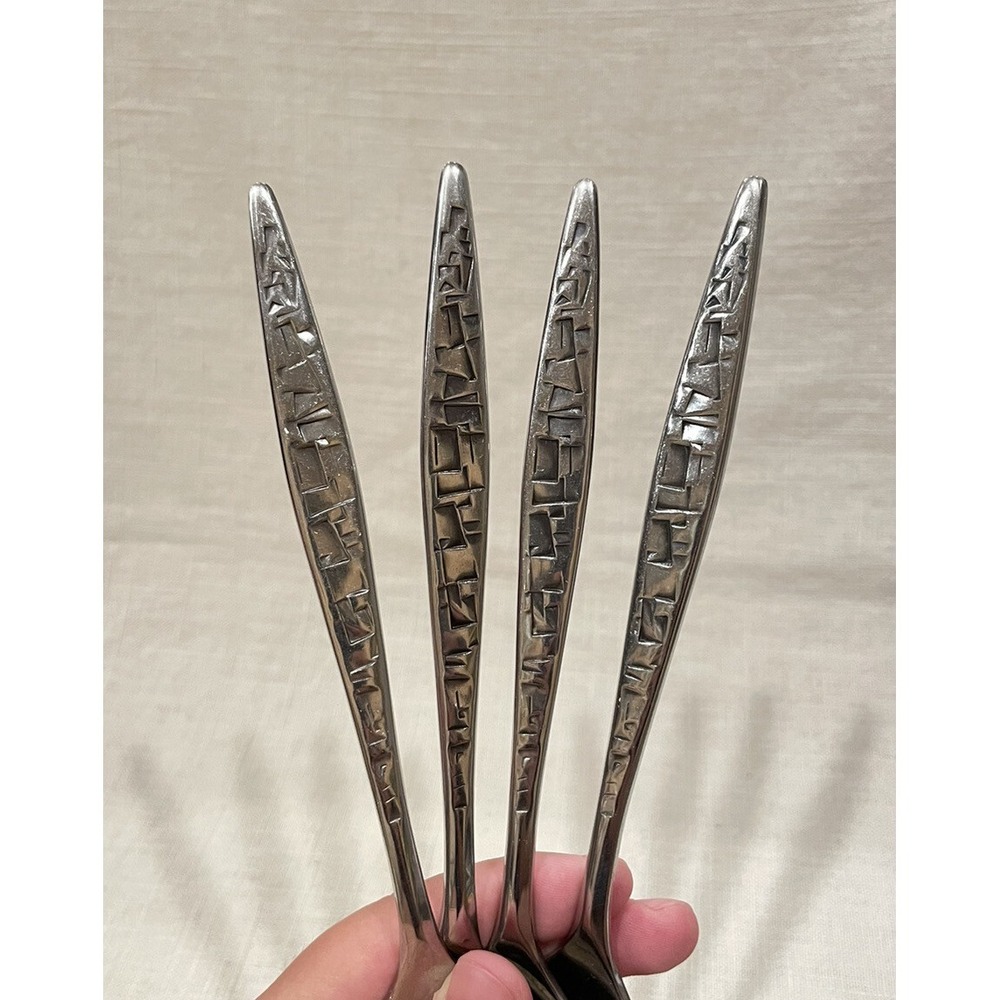 4 pcs Lyon Stainless Cortez Aztec Brutalist Mid Century Flatware Serving Spoons - Picture 3 of 9